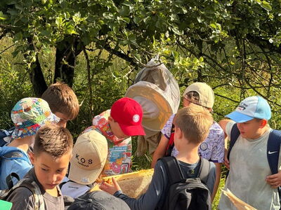 Schulkinder stehen auf einer Wiese unter einem Baum