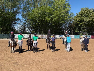 Kinder sitzen auf Ponys, daneben die Begleitpersonen