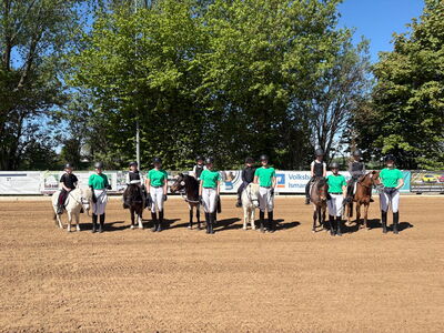 Kinder sitzen auf Ponys, daneben die Begleitpersonen